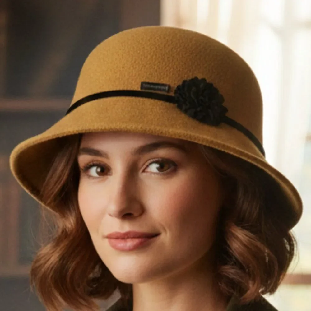 Betmar New York Camel Wool Blend Cloche Hat Velvet Ribbon Rosette OS